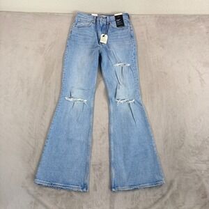 LEVIS Premium 70s High Flare Distressed Big E Jeans in Blue Wash Women 27x32 NWT